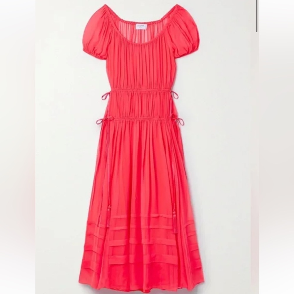 La Ligne Coral Red Maxi Dress with Puff Sleeves